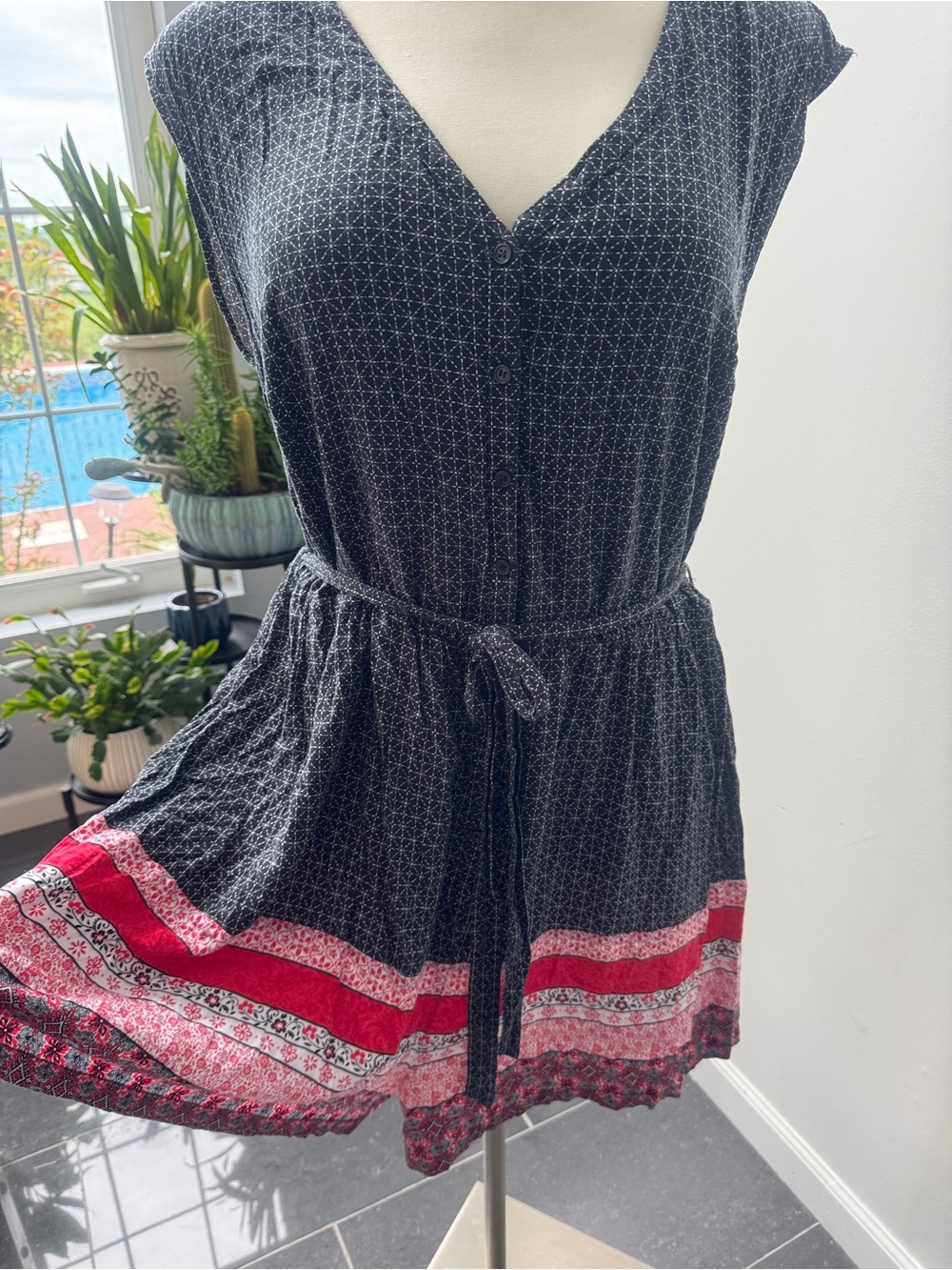 Torrid Sleeveless V-Neck Button Front Romper with Pink Border - Picture 6 of 8